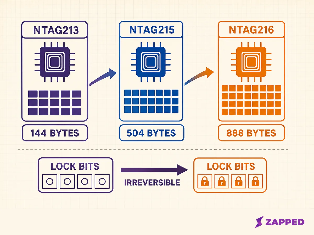 NXP NTAG213, NTAG215, and NTAG216 memory comparison with irreversible lock bit warning.