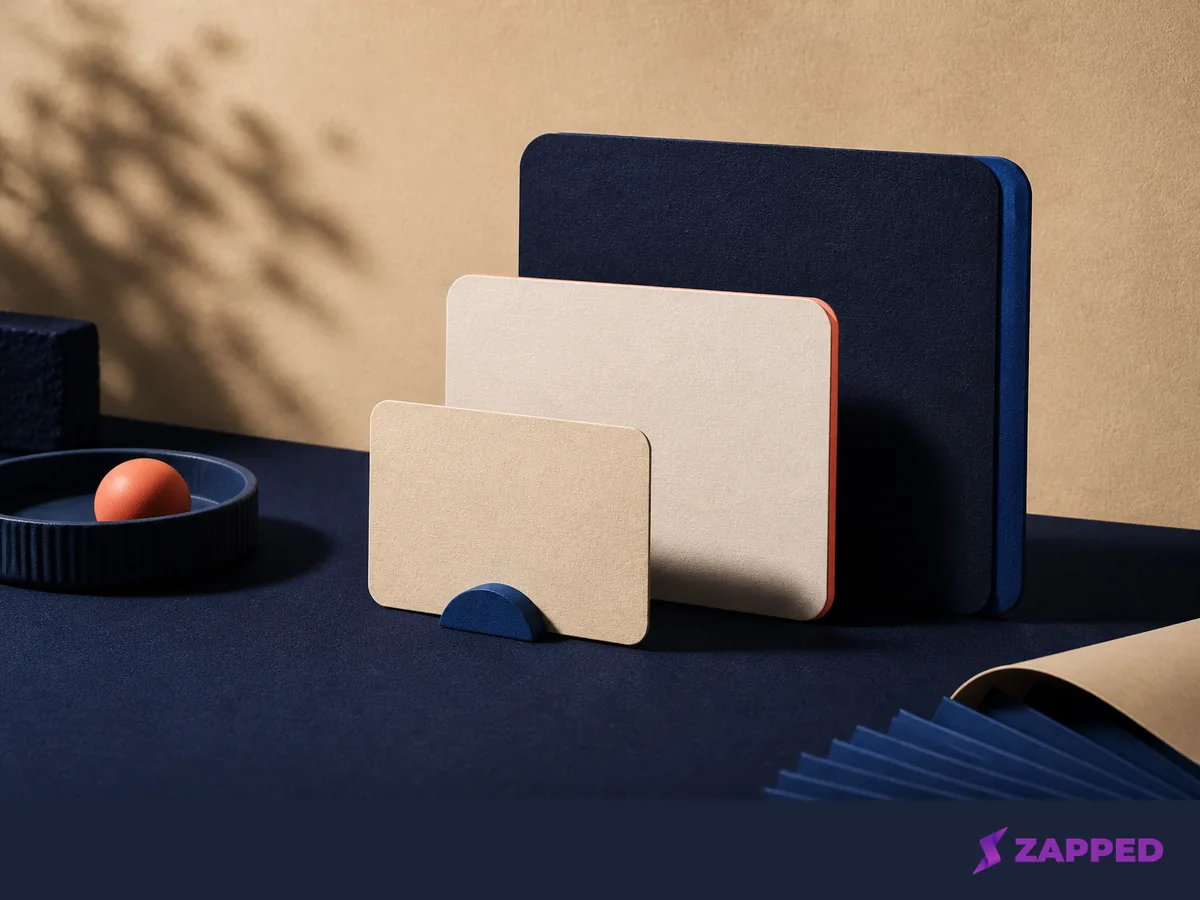 Editorial illustration of three blank layered card shapes representing a free, team, and business decision.