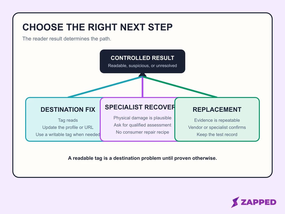 Three way NFC card outcome map separating a destination fix, specialist recovery inquiry, and replacement