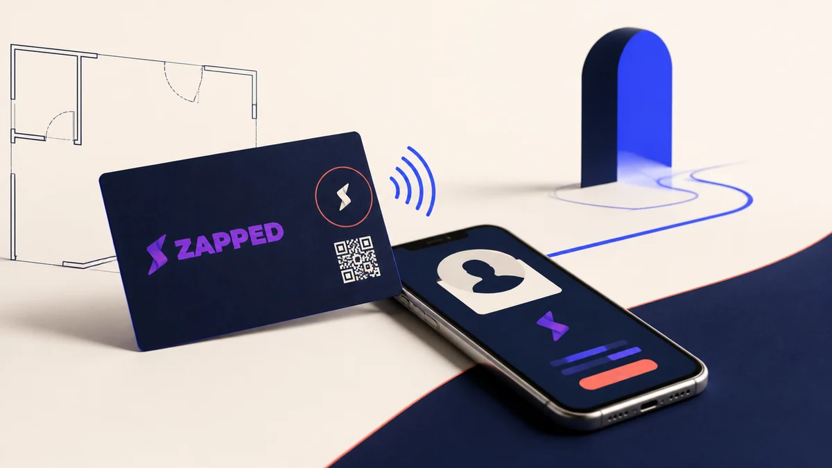 A real estate agent business card beside a phone showing an agent profile, a property route, QR fallback, and a save contact action