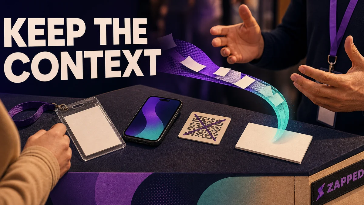 Event booth conversation with a phone, badge, QR card, and blank contact card ready for a respectful handoff