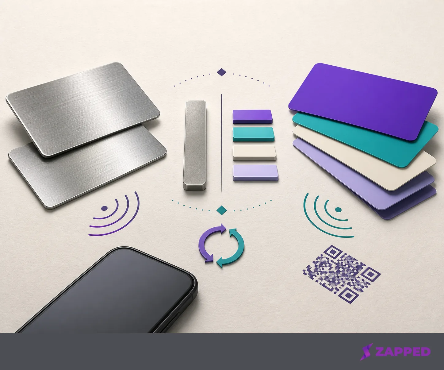 Conceptual comparison of metal and plastic NFC cards with abstract cost and recurring fee symbols.