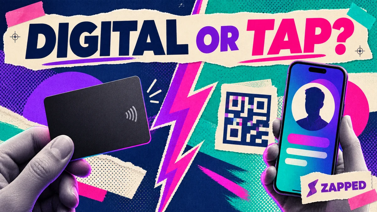 A hand holding a slim tap card beside a phone and a small QR card, with the phone display kept abstract and unreadable.