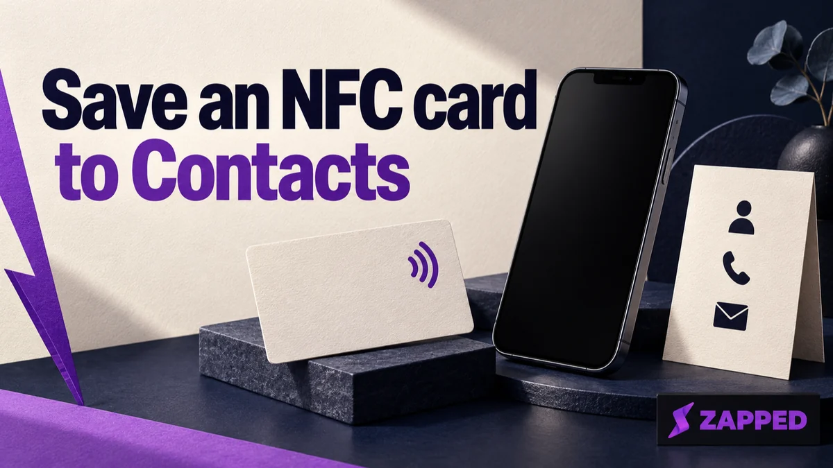 An iPhone beside a blank NFC business card and a contact card represented by simple name, phone, and email symbols.
