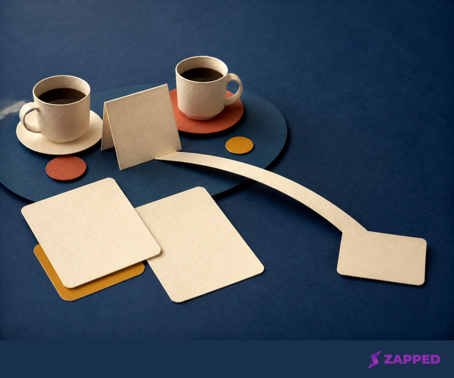 Blank message cards and a paper bridge turn a shared coffee conversation into one short note