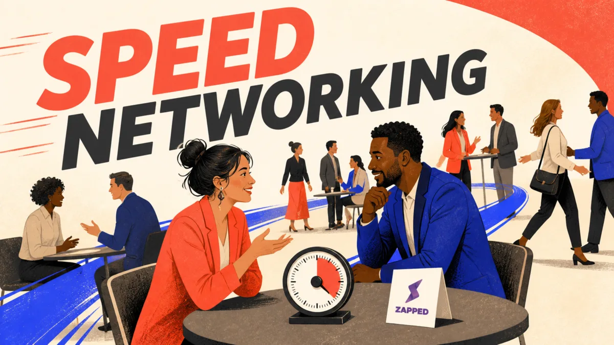 Two people talking beside a timer while participants rotate between small networking tables