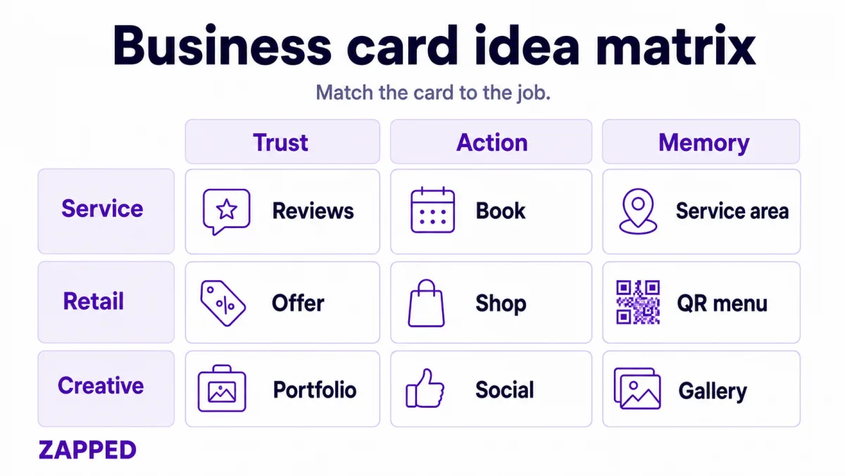 Business card idea matrix matching trust, action, and memory to service, retail, and creative businesses