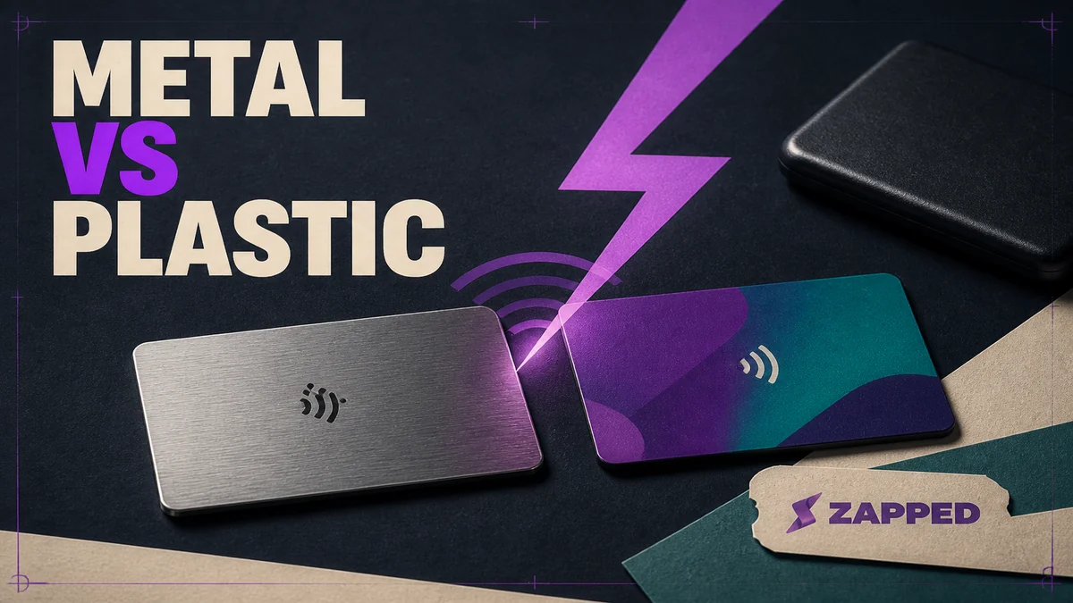 Brushed metal and colorful plastic NFC business cards side by side on a networking table.