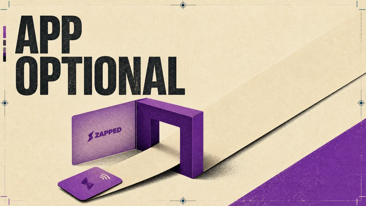 Flat editorial poster showing a purple route passing through an open sleeve, with an NFC card and the APP OPTIONAL cover line