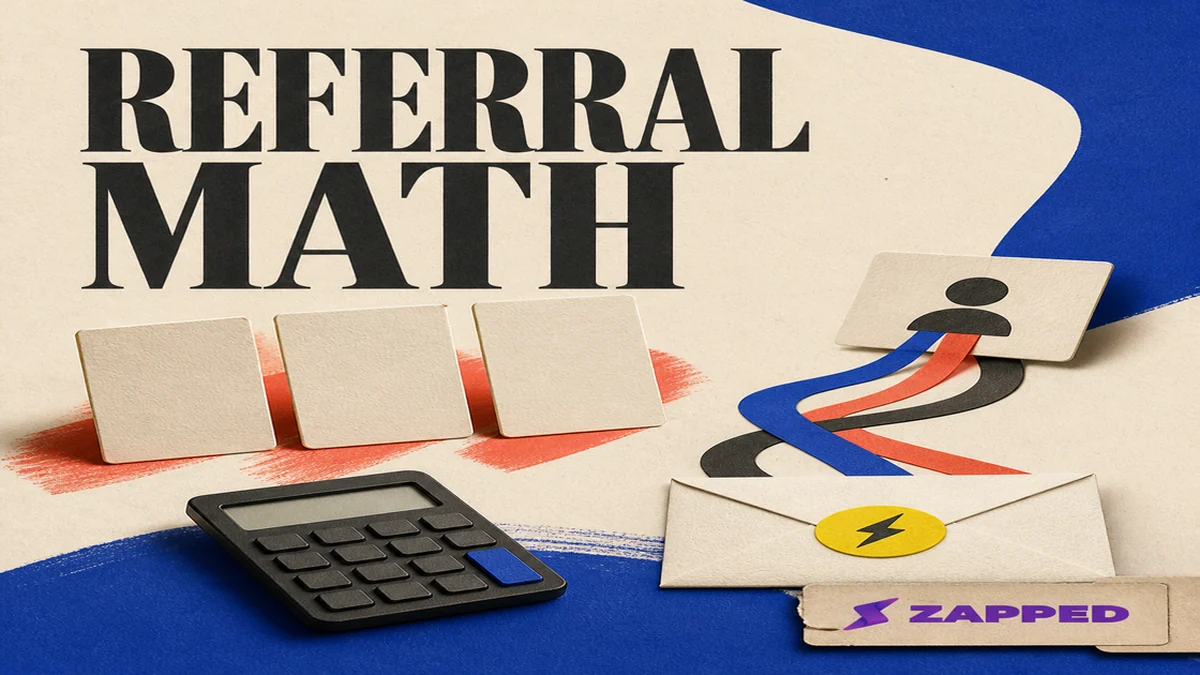 A professional reviewing three digital business card affiliate offers beside a calculator and referral link cards.
