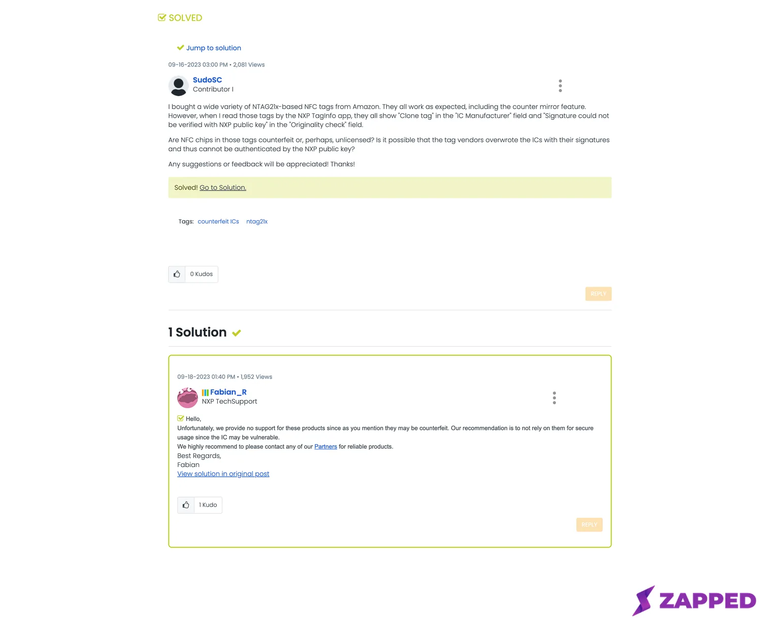 Two posts from an NXP community forum thread on counterfeit NTAG21x ICs: a buyer reporting a failed originality check, and the accepted reply from an account badged NXP TechSupport