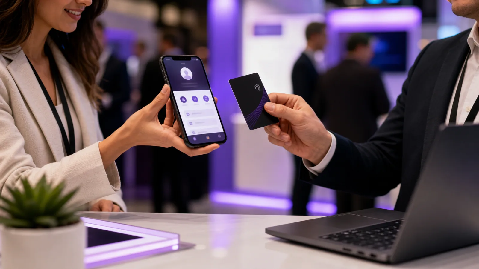 Professional NFC card and smartphone profile exchange at a modern business event