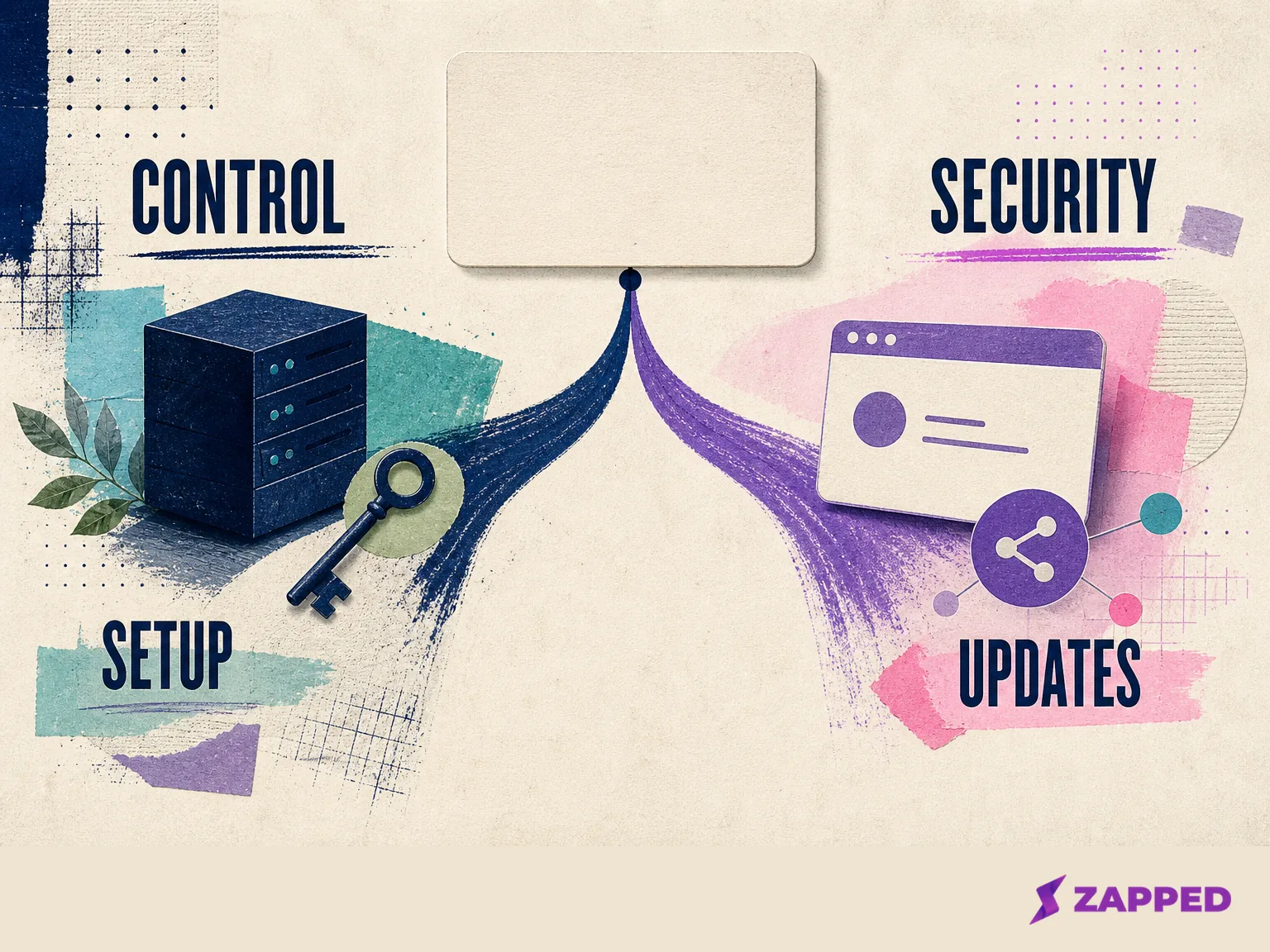 Editorial comparison diagram showing a digital card branching toward self hosted control and hosted sharing paths with setup, security, and updates