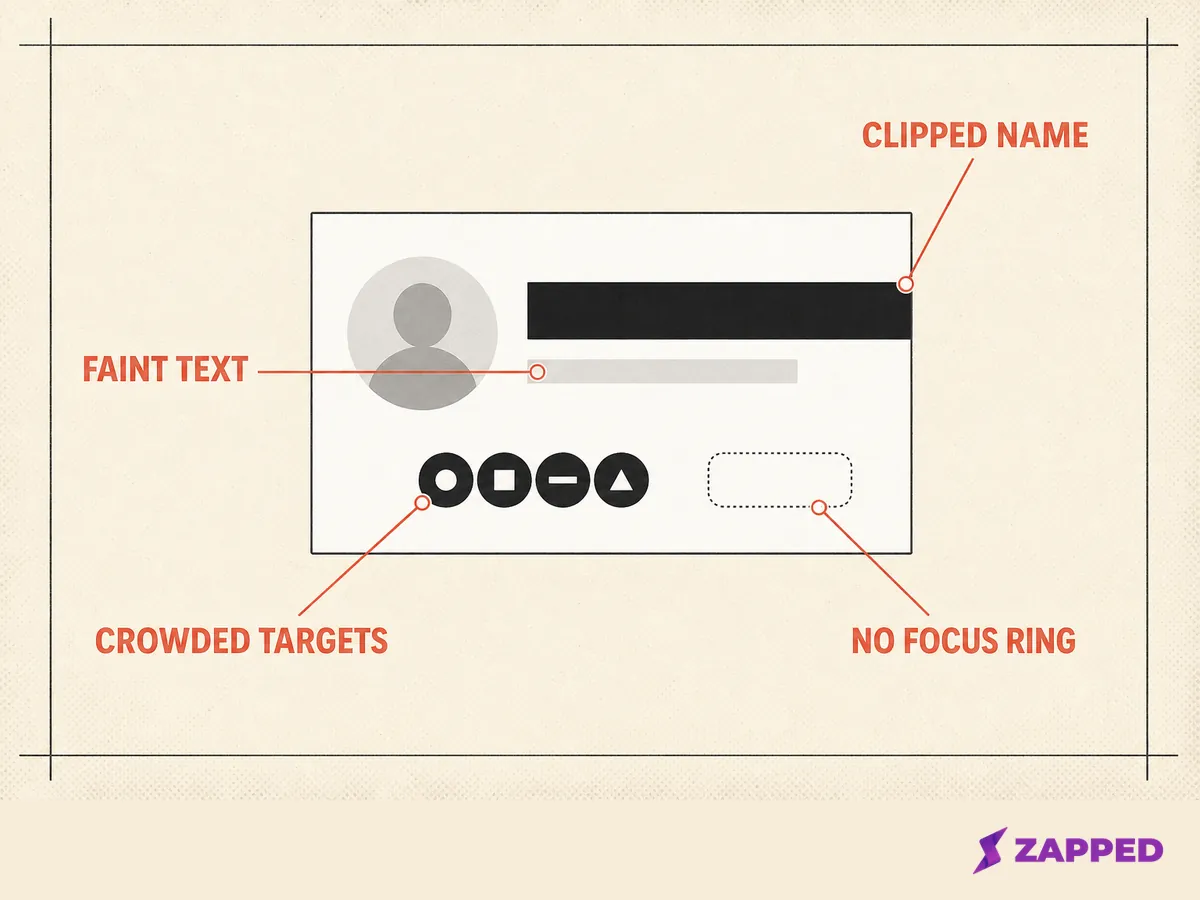 Illustration of an example contact card with its accessibility failure points marked, including crowded social icons, a faint job title, a clipped name plate, and a missing focus outline