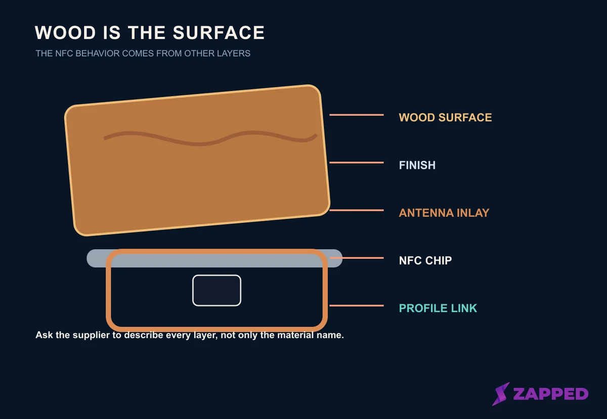 Conceptual wooden NFC card construction showing a wood surface, finish, antenna inlay, chip, and profile link