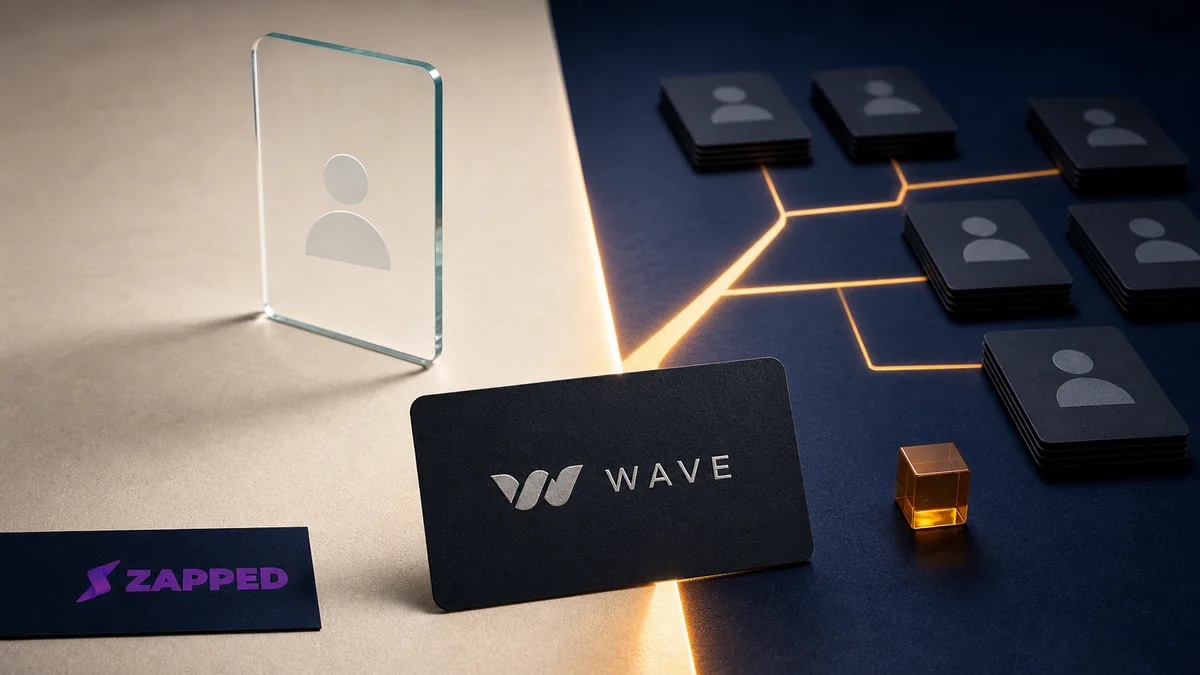 Conceptual Wave card at a split path between a single profile and grouped team cards, with the Zapped mark