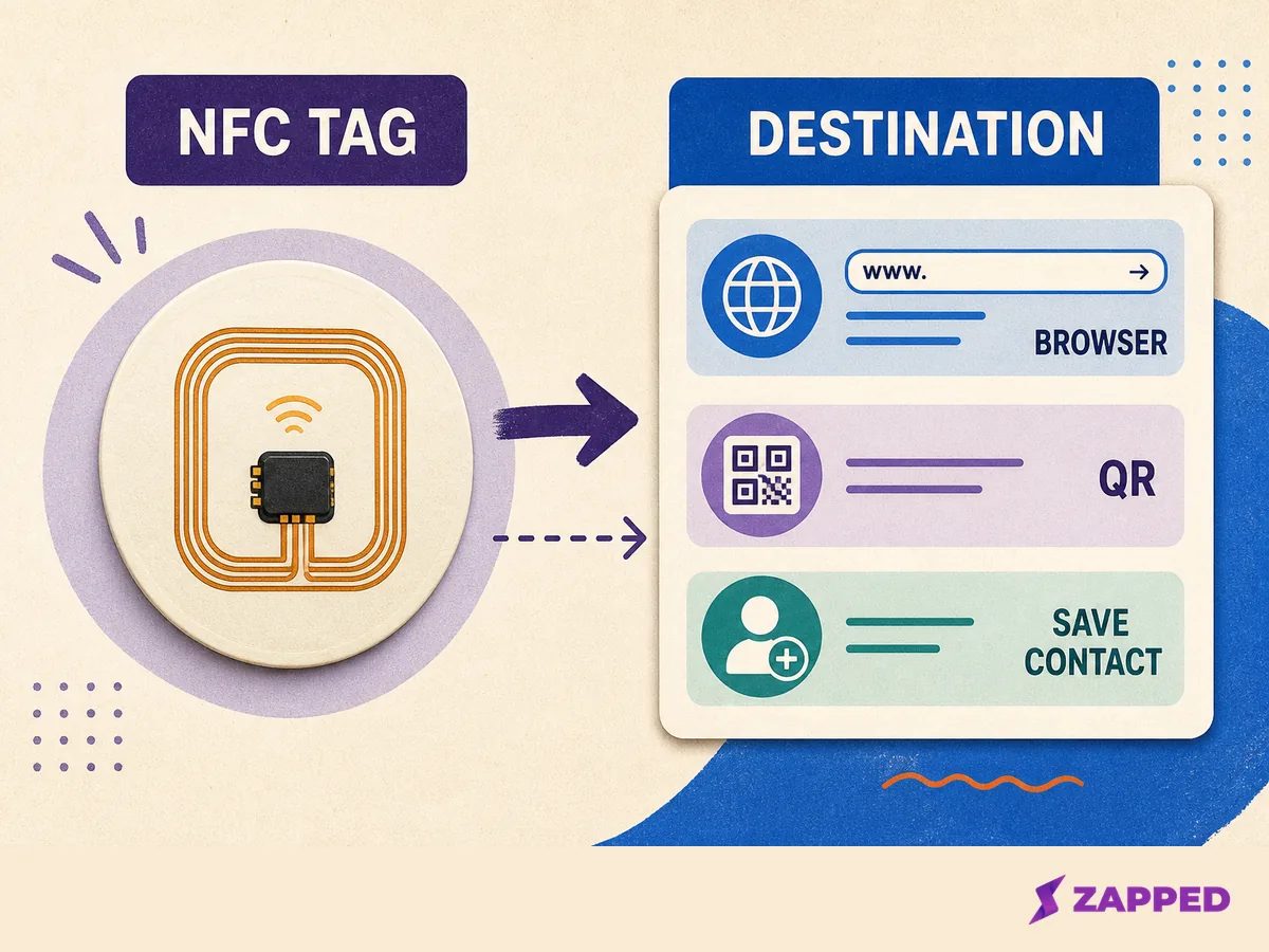 Diagram separating the NFC tag carrier from the editable profile destination, with NFC and QR routes leading to browser viewing and contact saving.