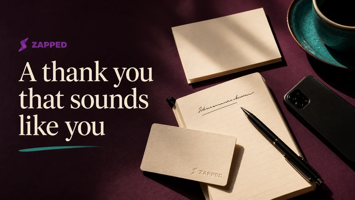 A handwritten note beside a phone and a blank contact card after a professional conversation