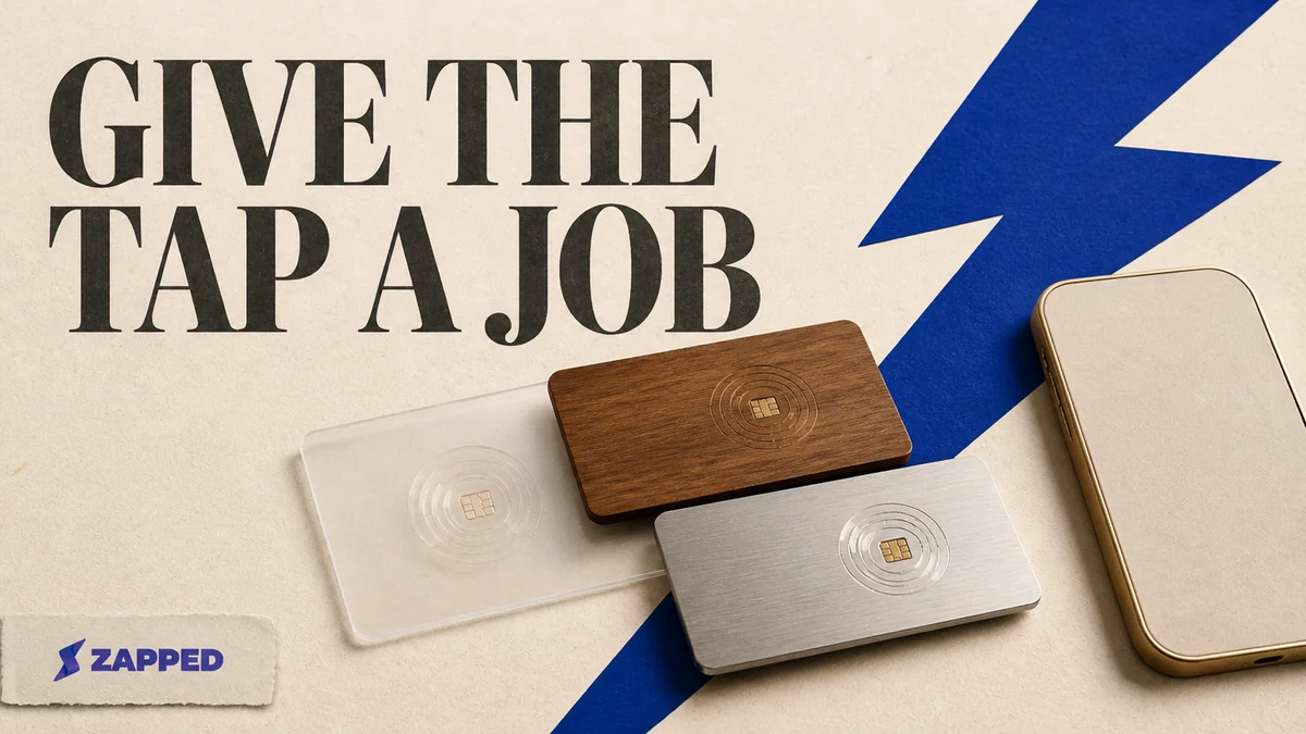 Conceptual NFC business cards in varied materials arranged beside a blank phone-shaped object.