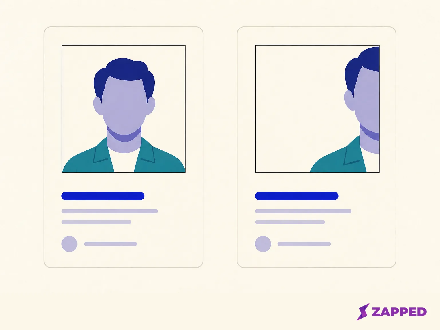 Two blank profile card silhouettes compare a centered square portrait crop with an off-center crop that cuts into the subject.