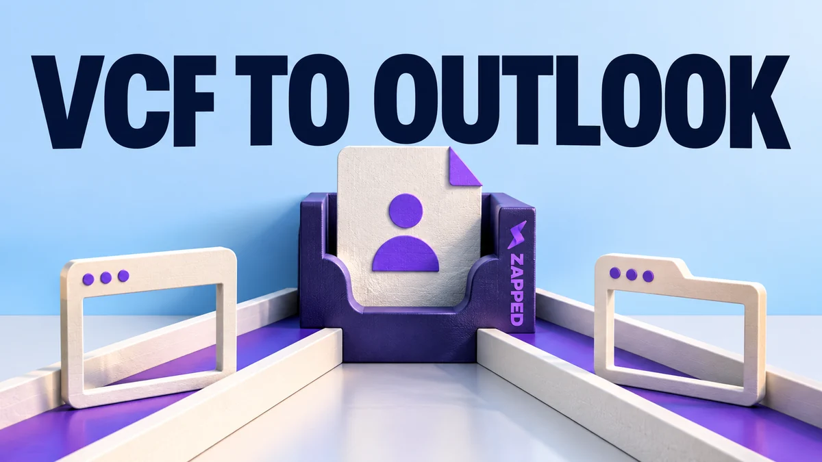 Editorial illustration of a contact file beside distinct desktop and browser paths, with a clear Outlook import cover line