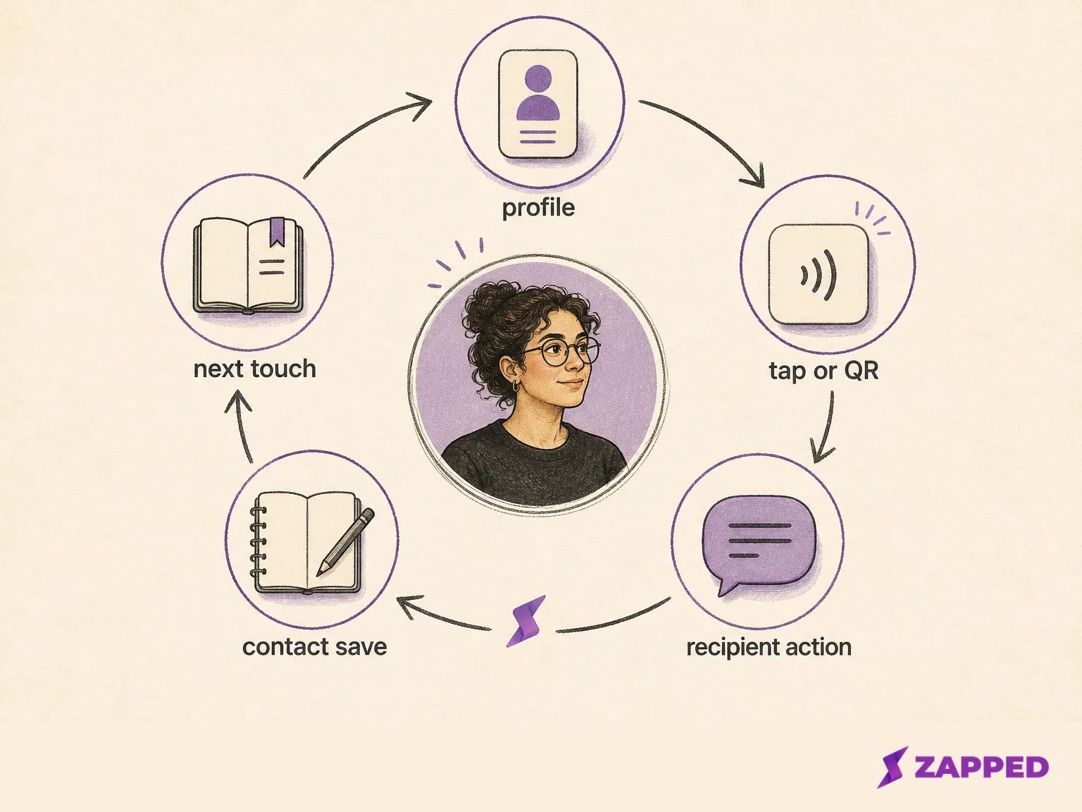 A conceptual solo freelancer handoff loop from a public profile to NFC or QR sharing, recipient action, contact save, and a recorded next touch.