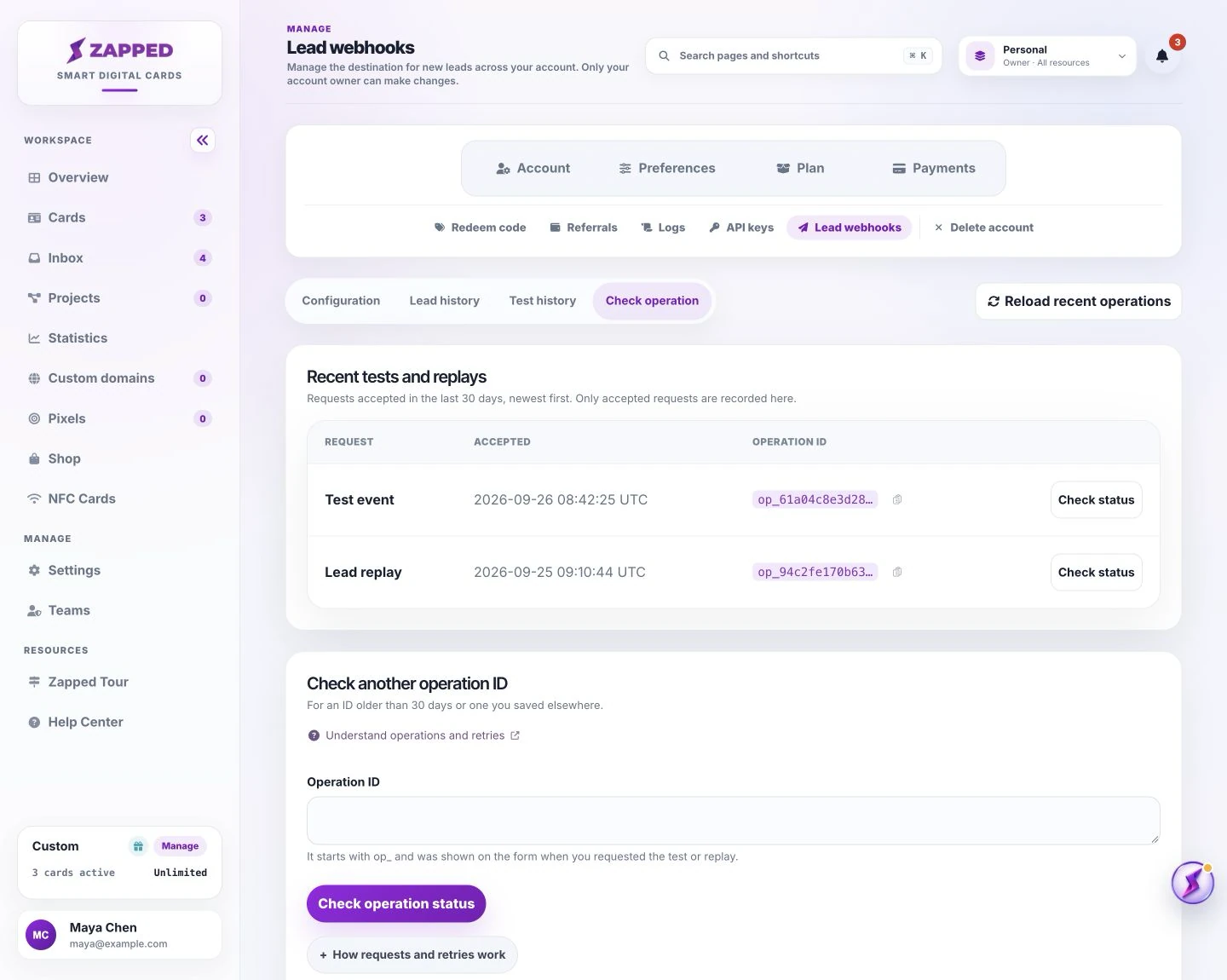 Webhook operations page listing recent test and replay IDs with a form to check another operation.
