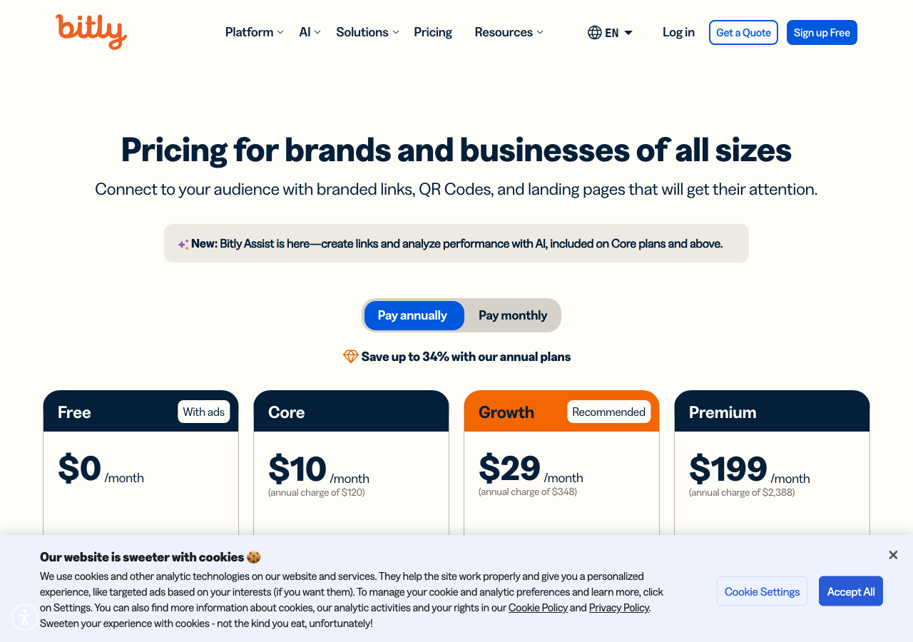 Bitly pricing page showing short link and QR code plan positioning