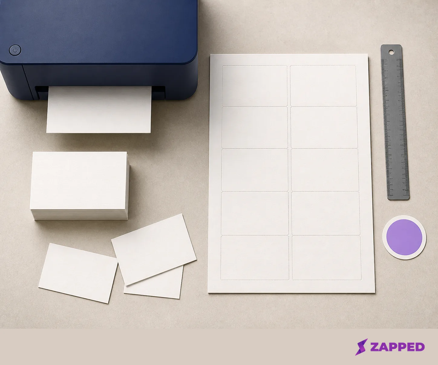 Top down home printing setup with a desktop printer, blank cardstock sheets, a 10 up sheet, loose cards, a separate NFC sticker, and a ruler