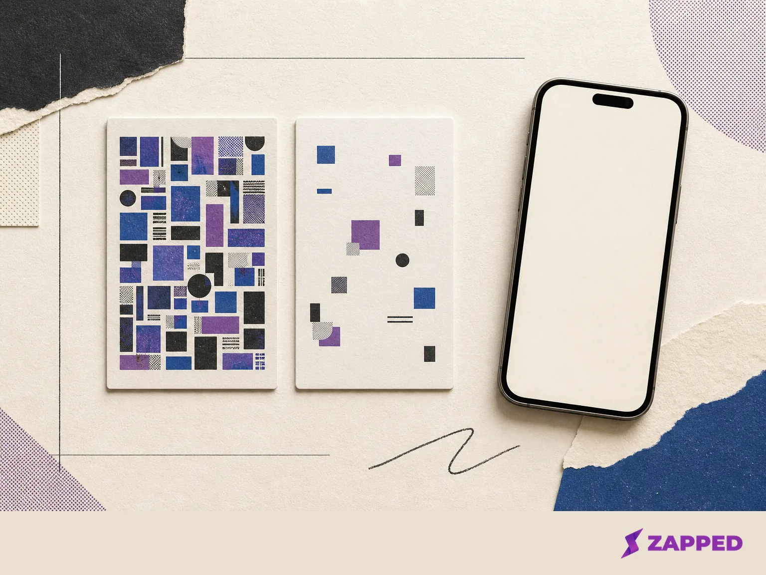 Two blank contact cards with dense and sparse conceptual block patterns beside a blank phone, illustrating a QR payload choice.