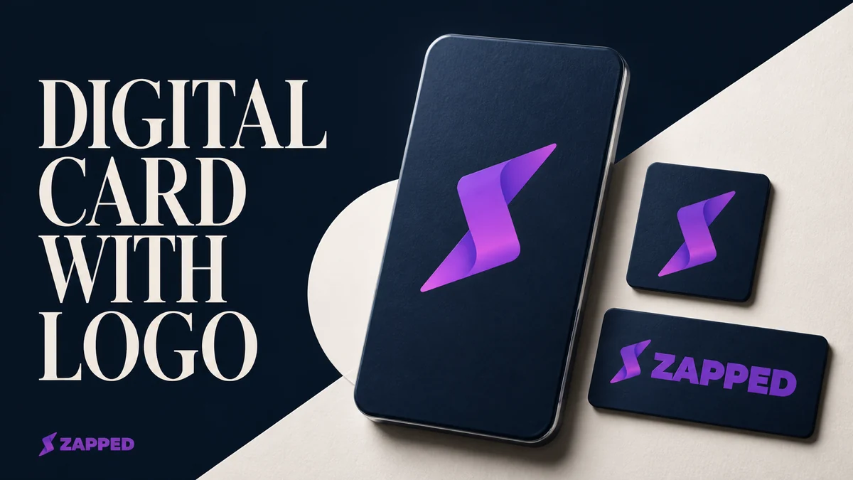 A digital business card with a clear company logo beside square and wide logo asset shapes