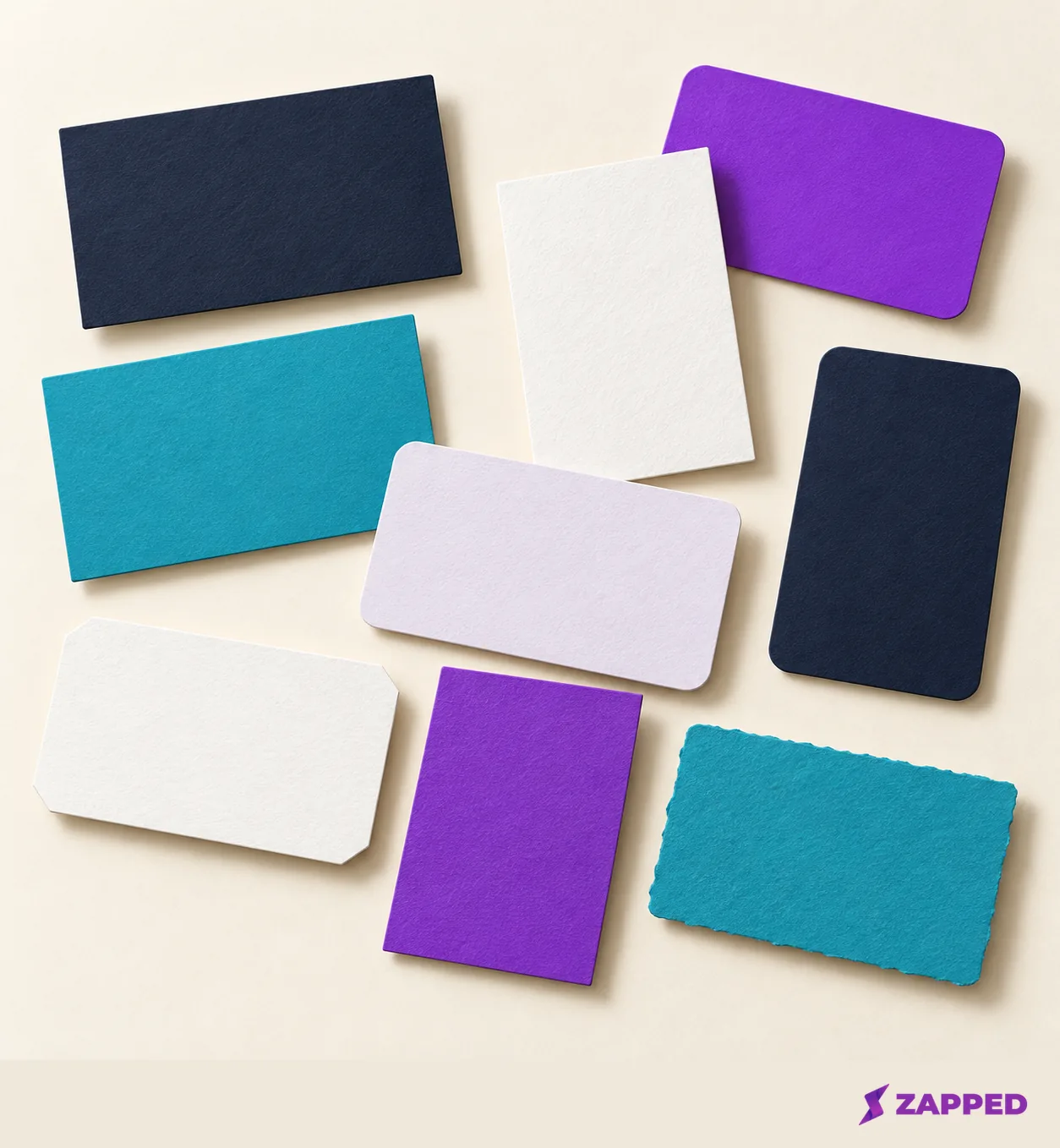 A varied arrangement of blank business cards for choosing a representative scanner sample