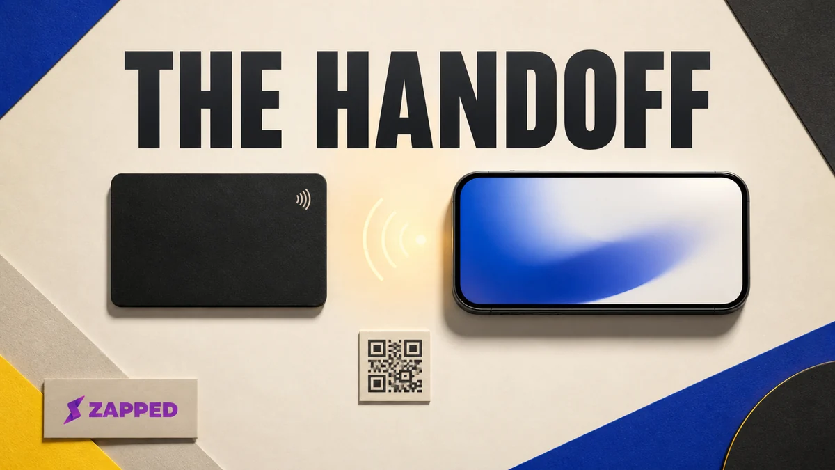 A blank NFC business card beside a phone and a simple QR fallback card on a clean tabletop.
