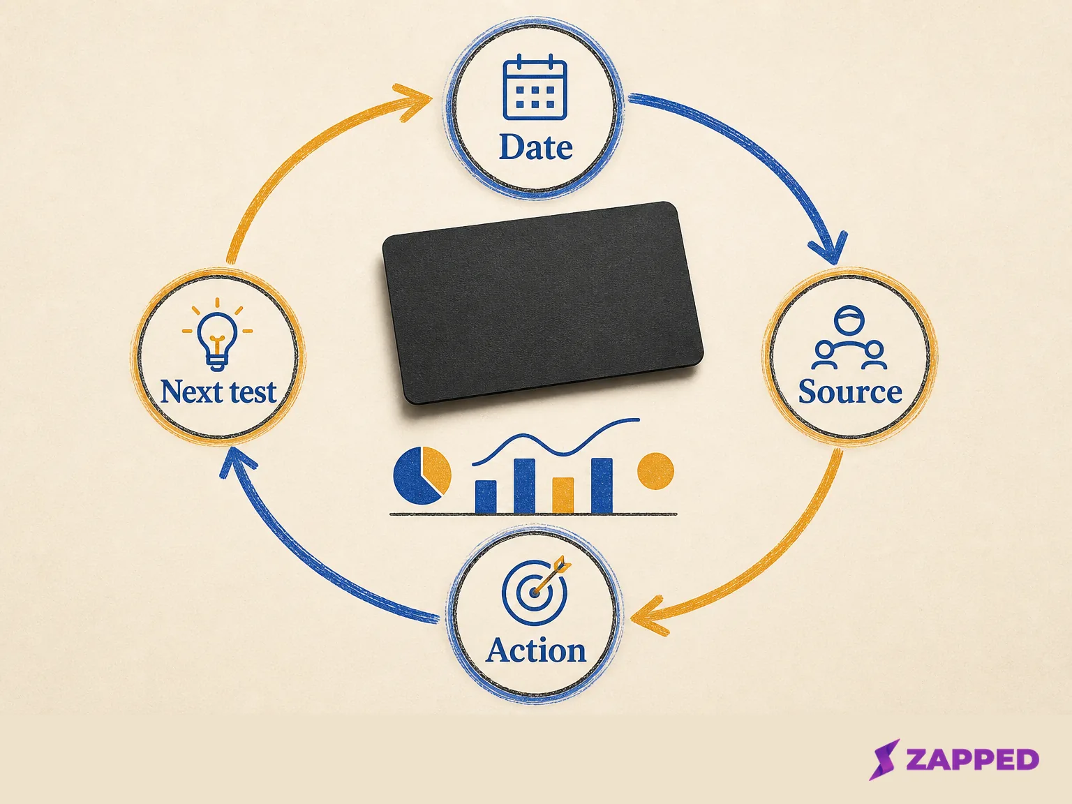 Circular analytics review loop around a blank NFC card with Date, Source, Action, and Next test markers