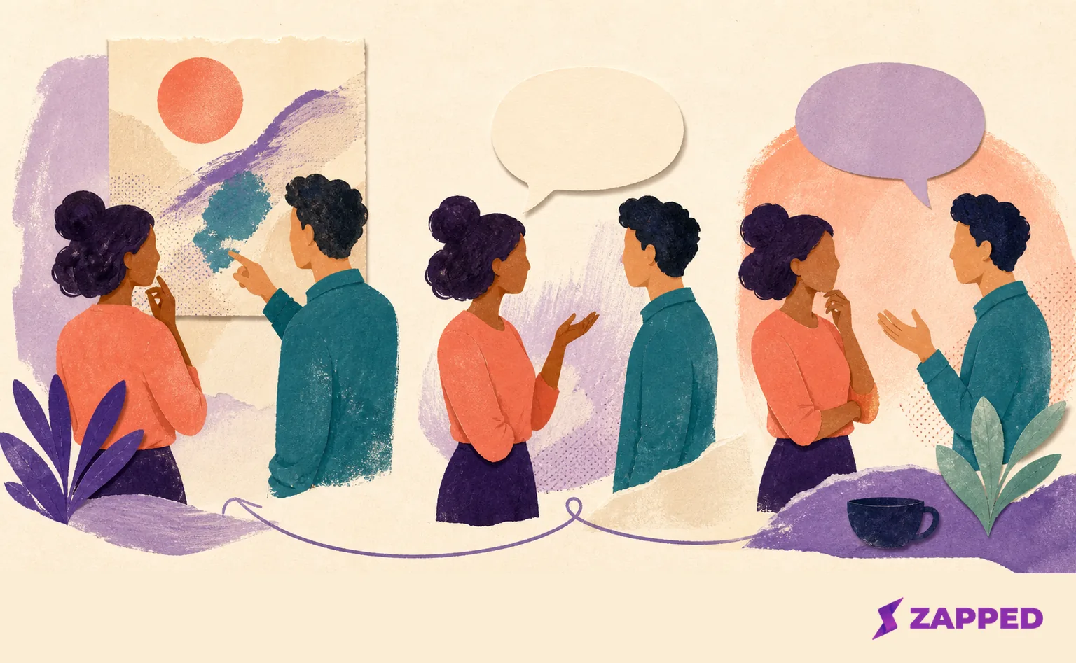 Editorial three-part scene showing two people noticing a shared detail, asking an open question, and listening to the response.