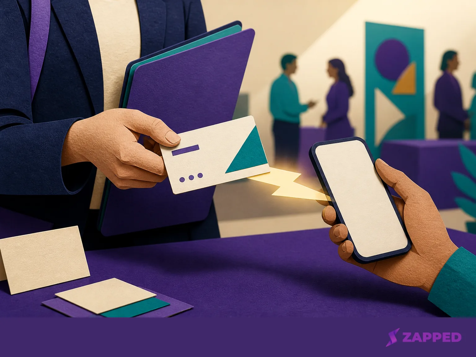 Conceptual illustration of a student networking card, phone, and portfolio folder forming one professional handoff