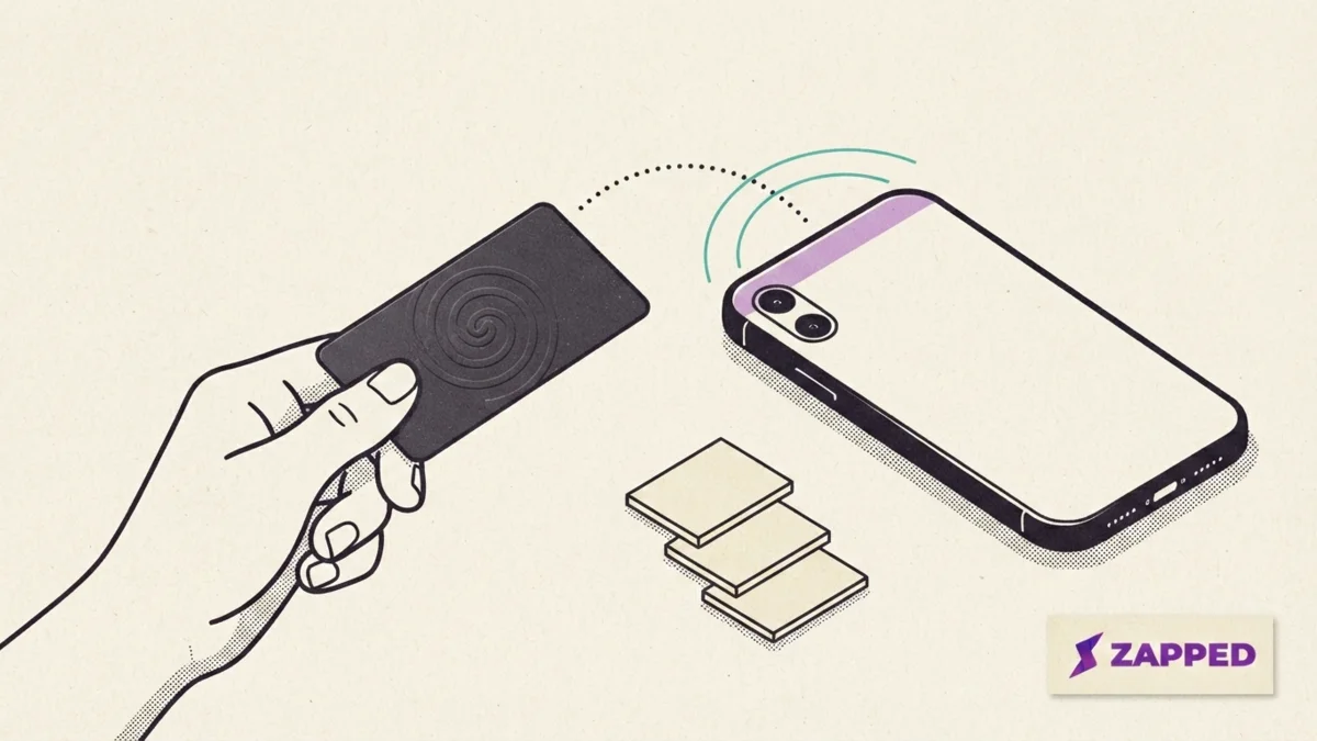 Illustration of an NFC card held near the top edge of an iPhone, with signal arcs indicating the starting position for a tap