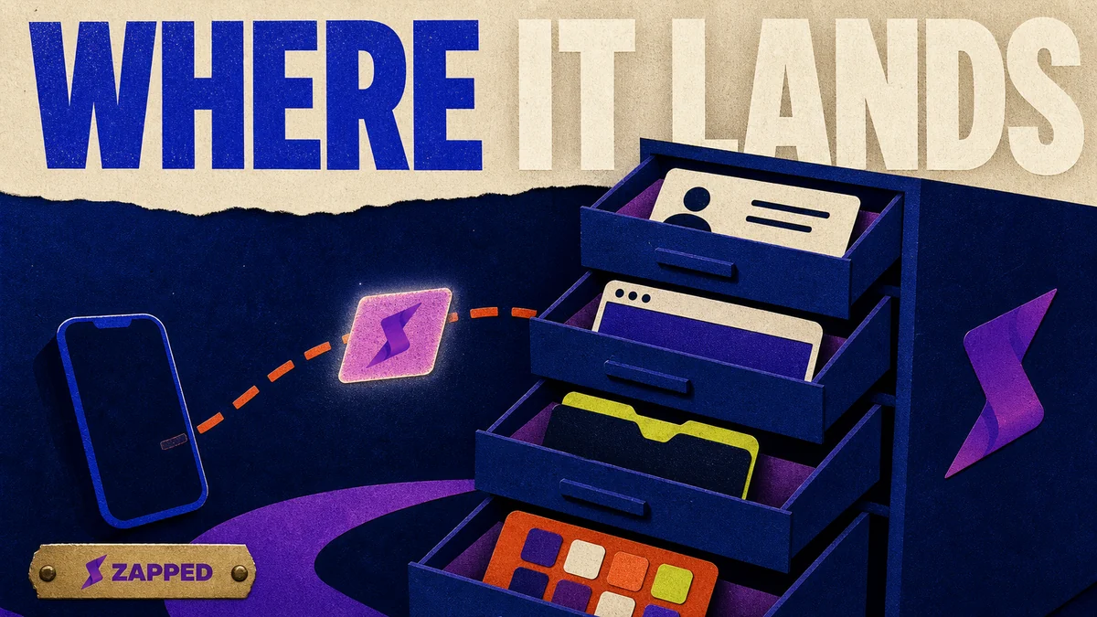 Editorial illustration showing several digital business card routes arriving at iPhone destinations including Contacts, Wallet, a browser, and an app