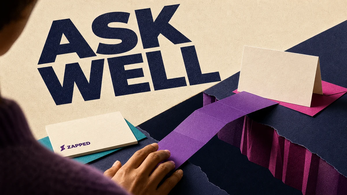 Editorial illustration of a professional preparing a referral request beside a blank contact card and a thank-you note.