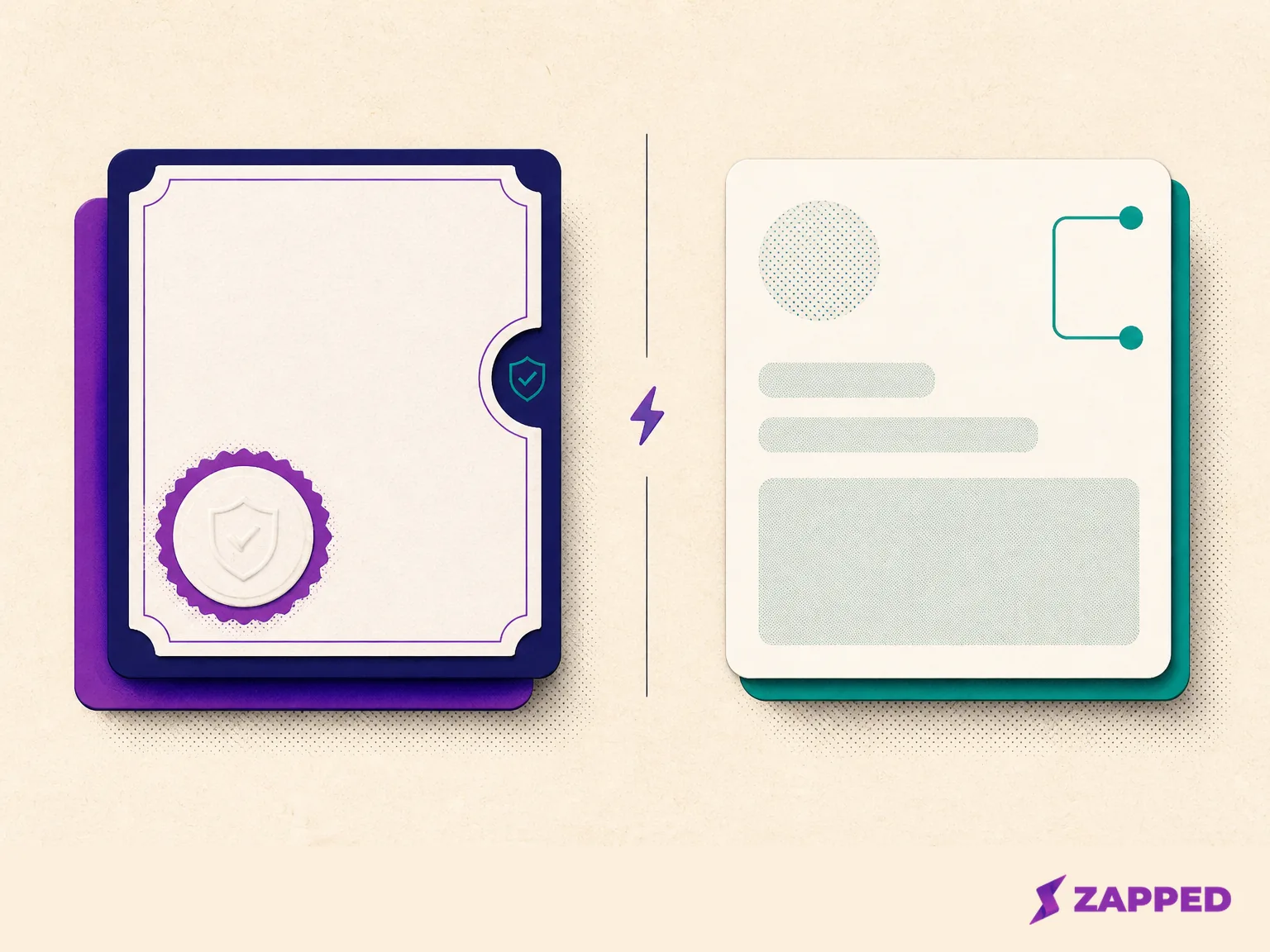 Side by side blank cards contrasting a proof seal with contact information blocks