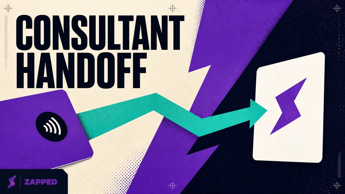 Editorial illustration of a consultant handoff route leading from an NFC business card to one clear public destination