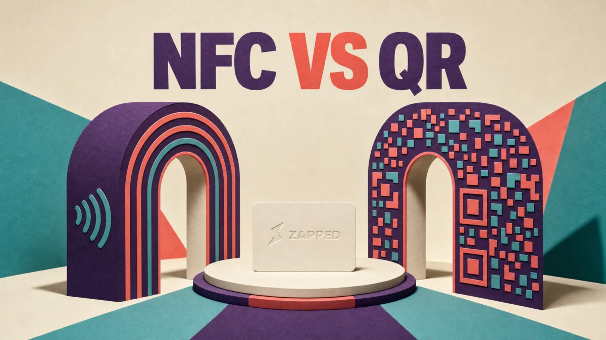 Editorial archways representing NFC signals and a QR pattern on either side of a Zapped card, with neither route shown as the winner