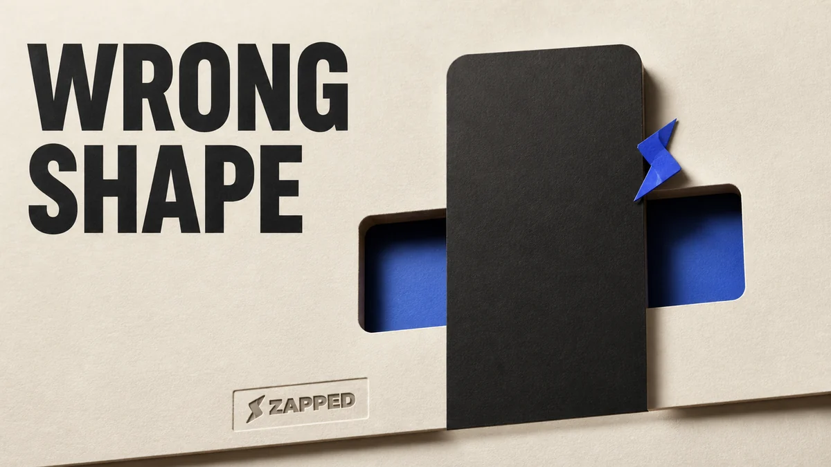 Editorial illustration of an Android handset silhouette held beside a card shaped opening it does not fit, with the Zapped bolt marking the gap between them