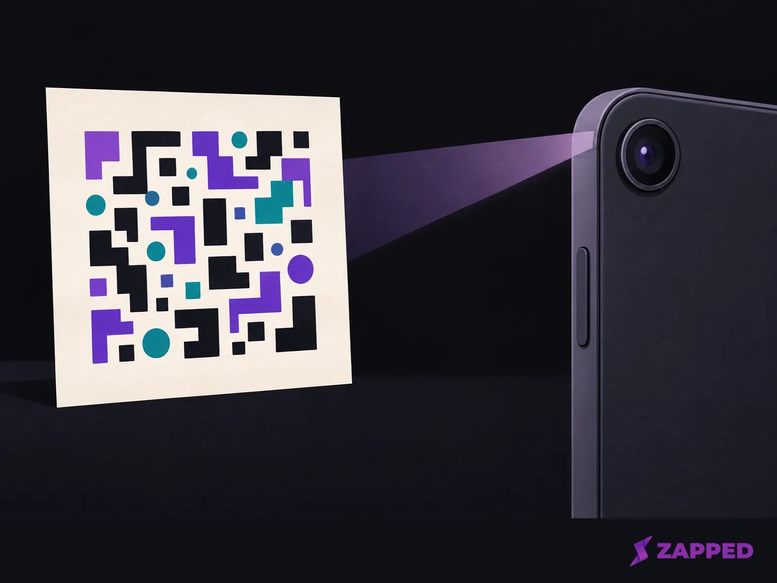A conceptual diagram aligns a full generic QR-like square with a phone camera lens.