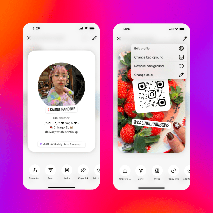 Instagram profile card screens showing the handle and QR side together
