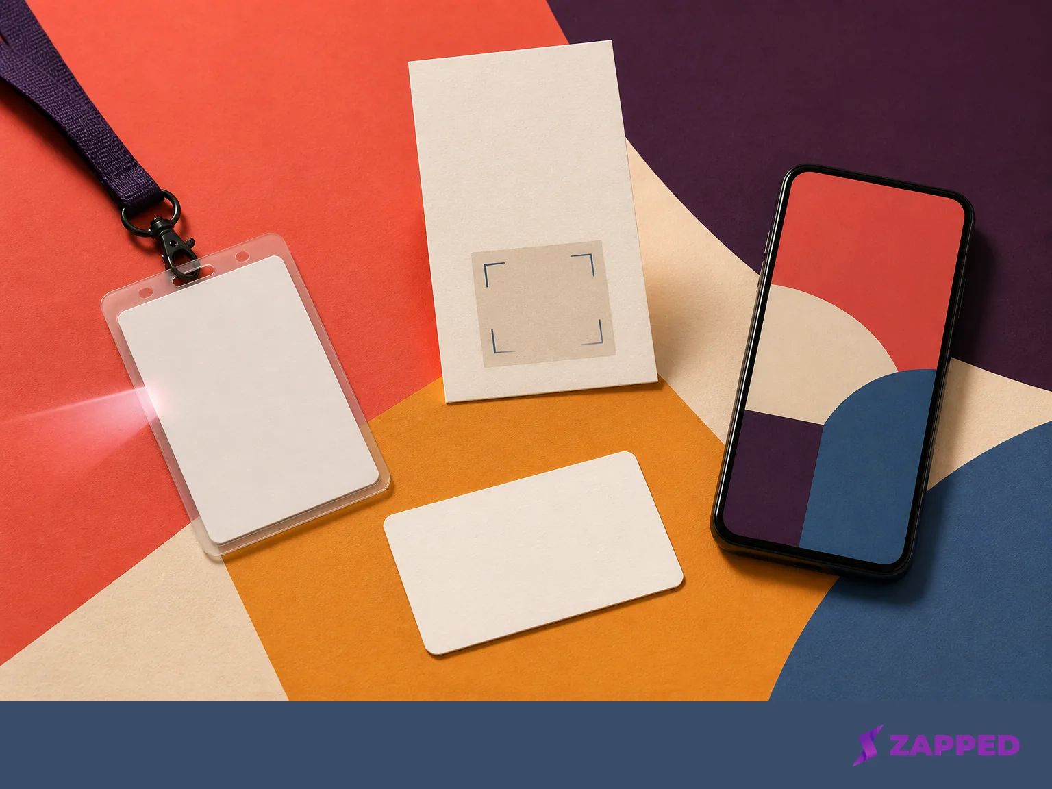 Blank event badge, QR or form card, manual contact card, and abstract digital card shown as distinct capture methods