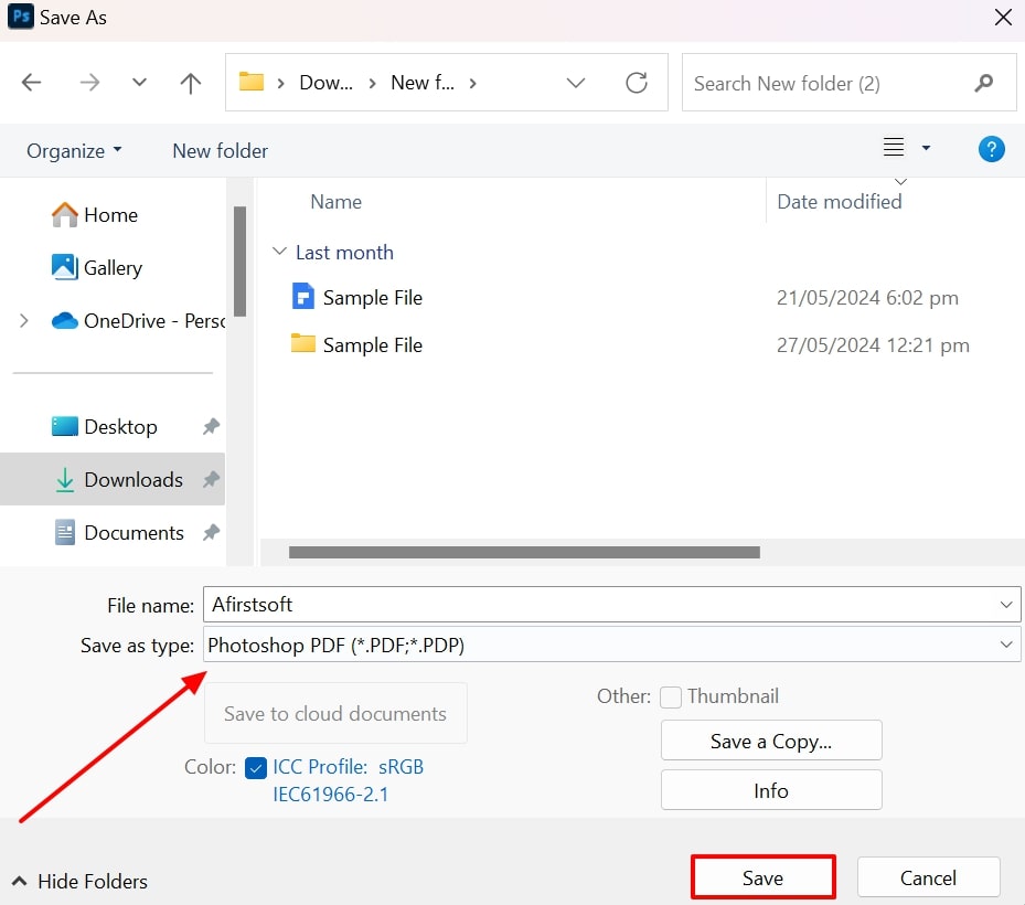 Photoshop Save As dialog with Photoshop PDF selected