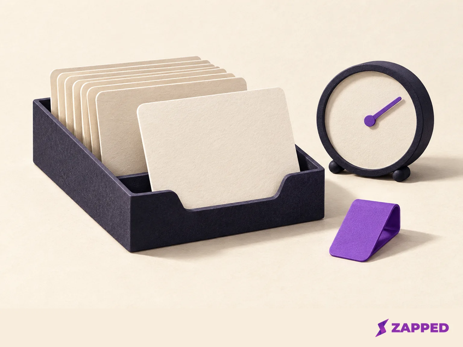 A blank card waits at the front of a paper queue beside a simple clock and a purple handoff marker.