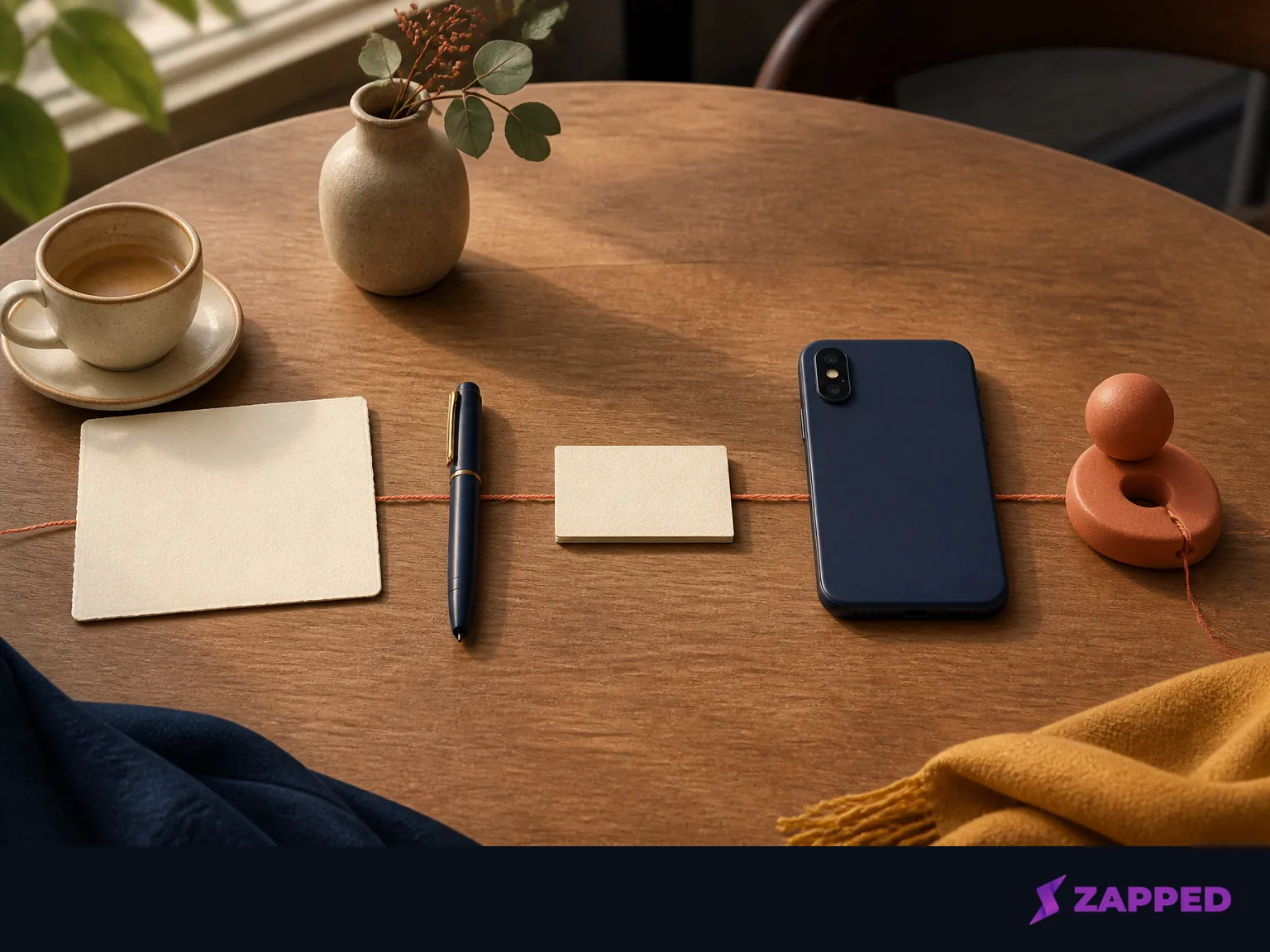 A blank note card, phone, pen, and contact handoff objects arranged after a networking event