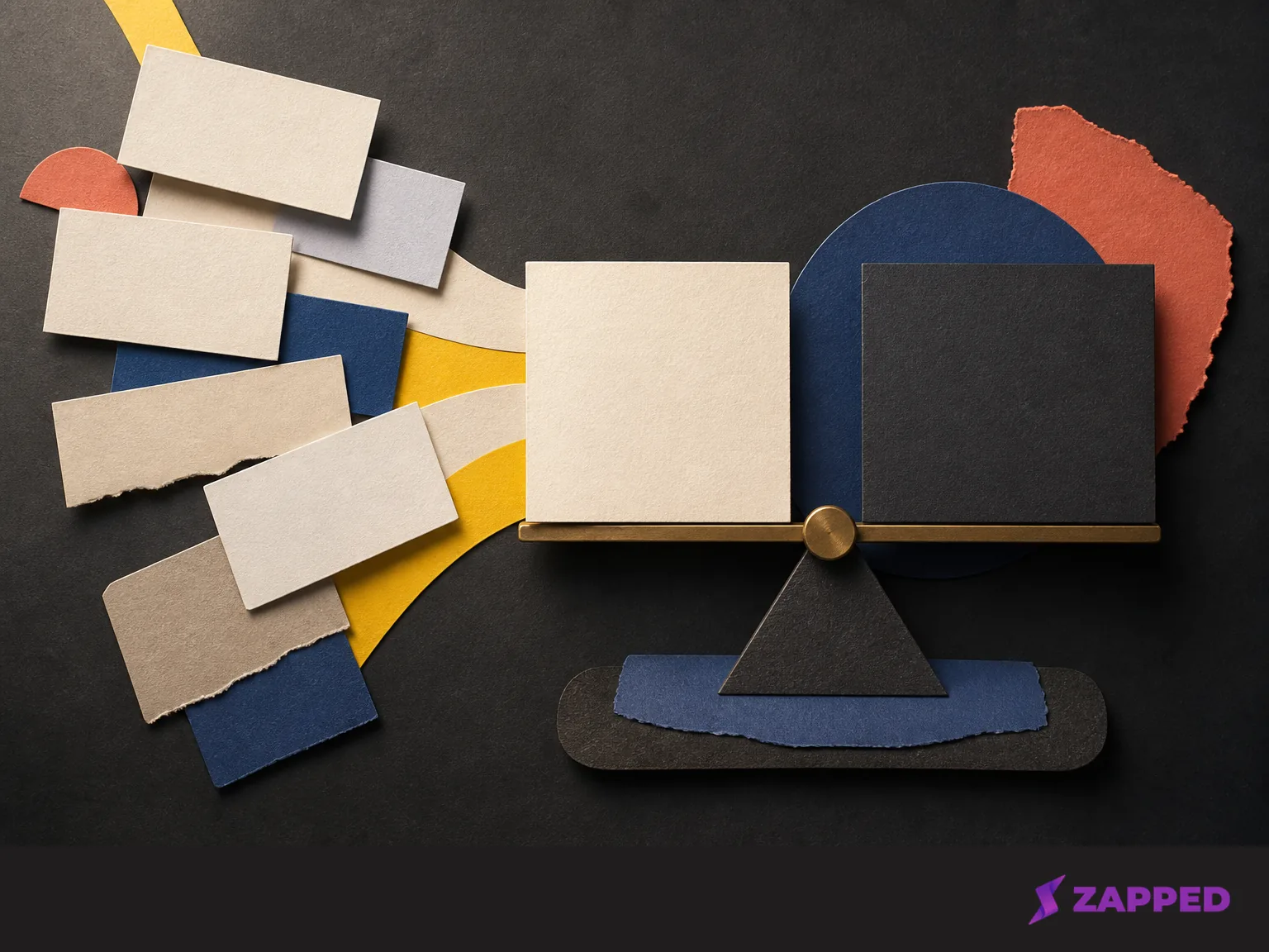 Blank budget cards flowing toward a balanced comparison structure with cream and dark tiles
